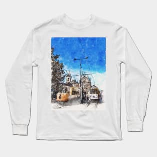 Two Trams in Parada Leitao Square Porto Portugal Long Sleeve T-Shirt